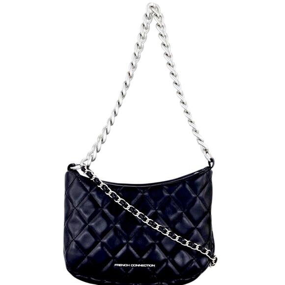French Connection Quilted Top Handle Crossbody Bag Black Silver Chain Rock Star - Picture 1 of 5